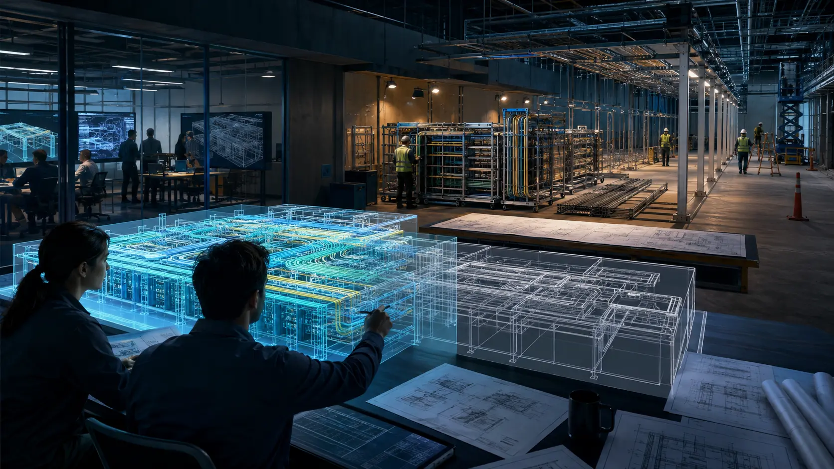 Two electrical VDC engineers review a luminous conduit model beside prefabrication racks and an unfinished fictional data hall.