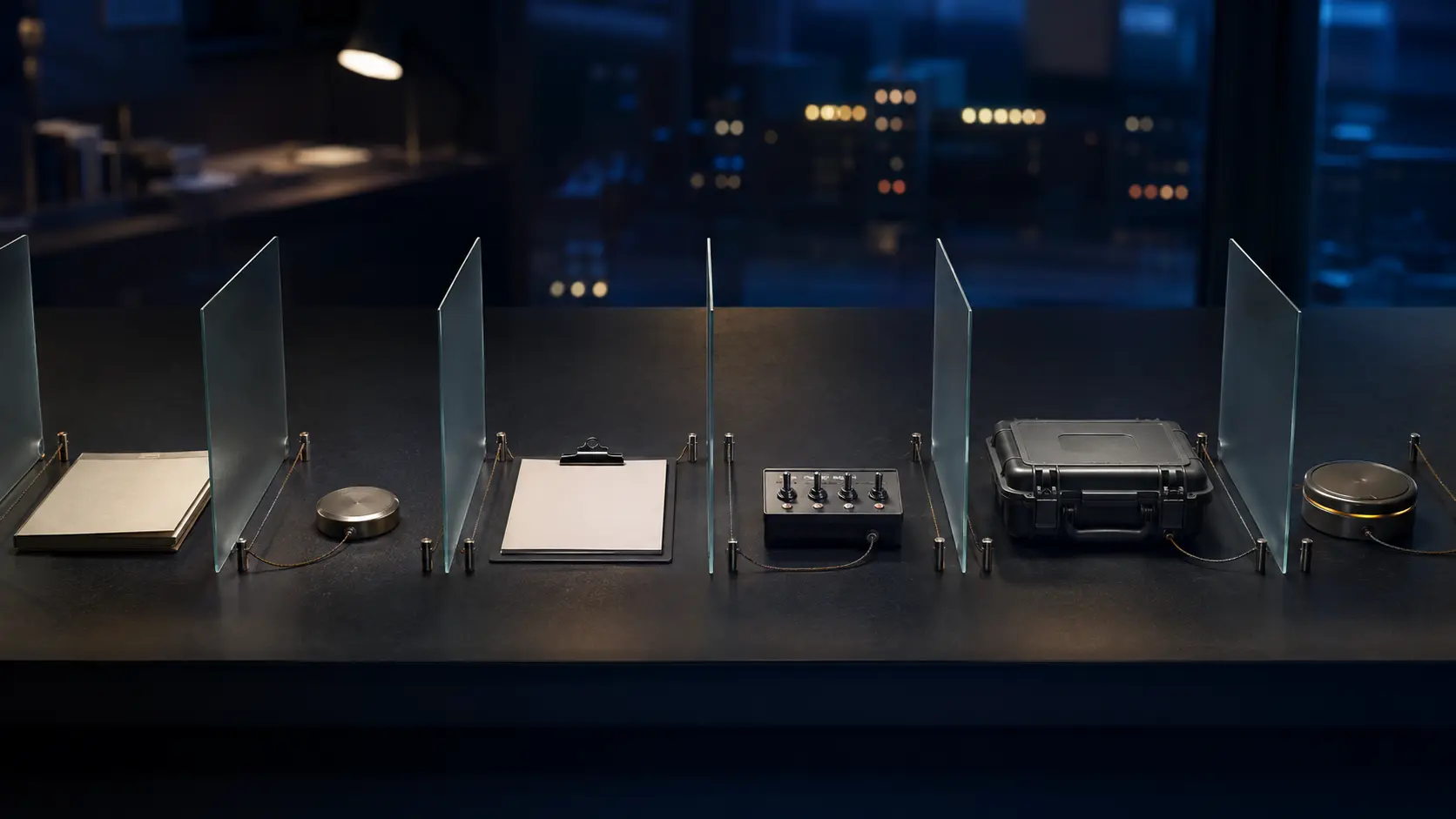 Six separate, glass-divided editorial workstations connected by short cords: an unmarked design folio, milestone token, blank review clipboard, configuration toggles, sealed release case and operator desk token.