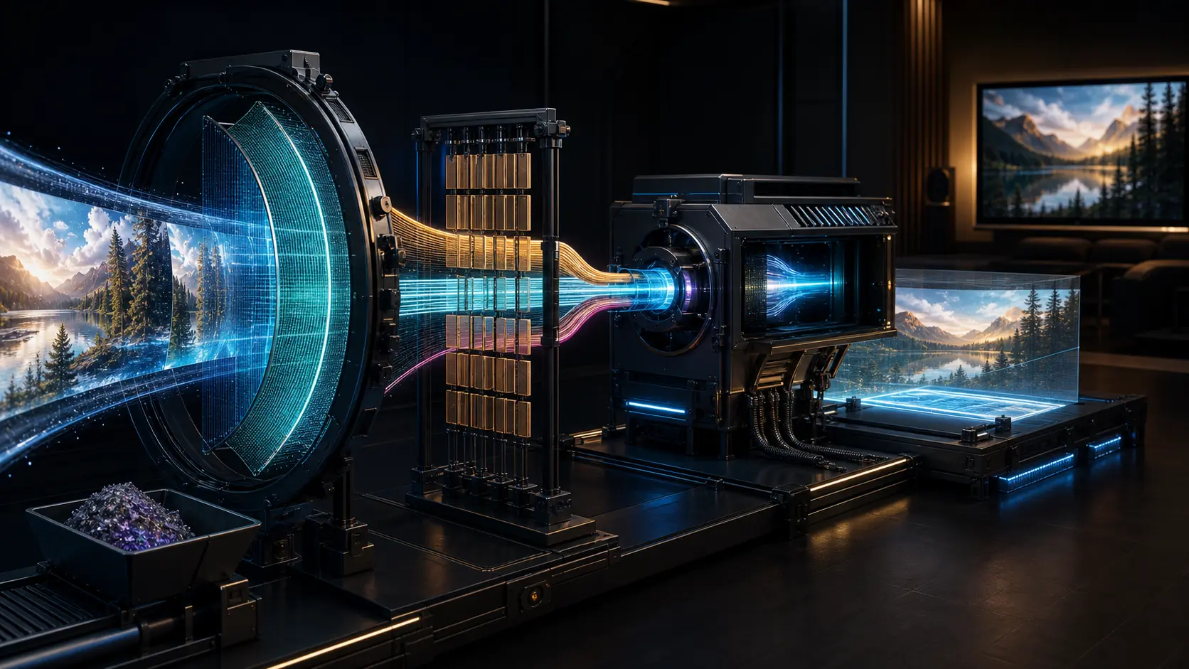 A professional video stream passes through three distinct optical and mechanical constraints before reaching a decoder and separate output inspection planes.