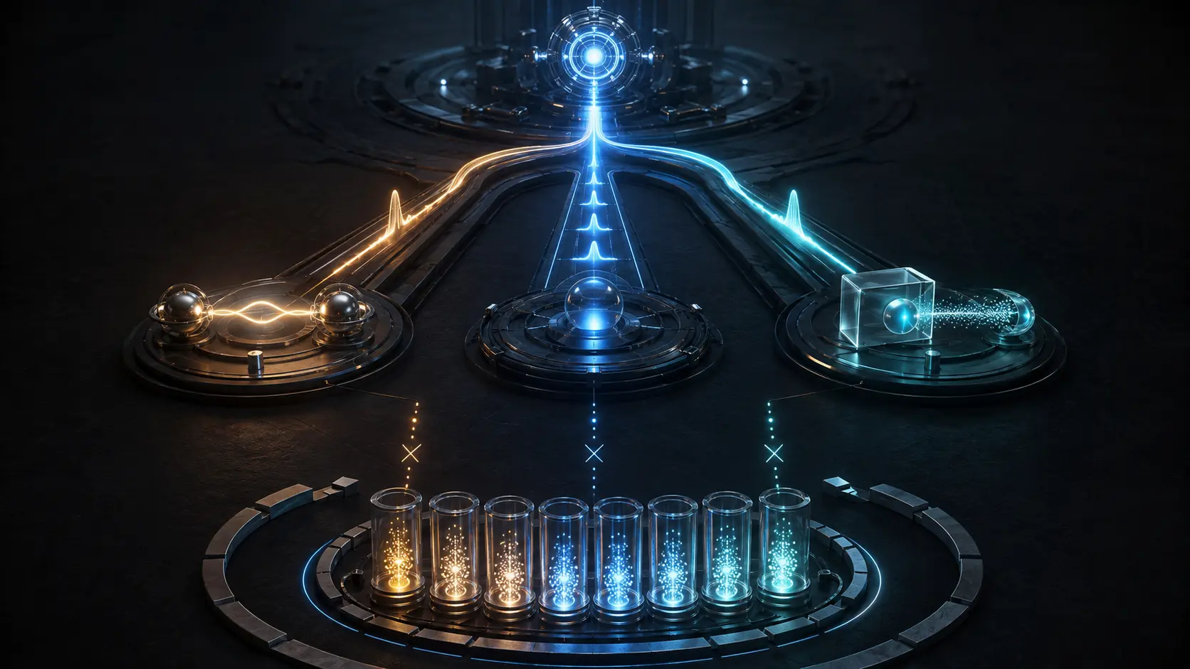 One luminous timing oscillator splits into three IPv6 Neighbor Discovery paths, while a separate bank of counters is cut off by broken causal joins and a discontinuity ring.