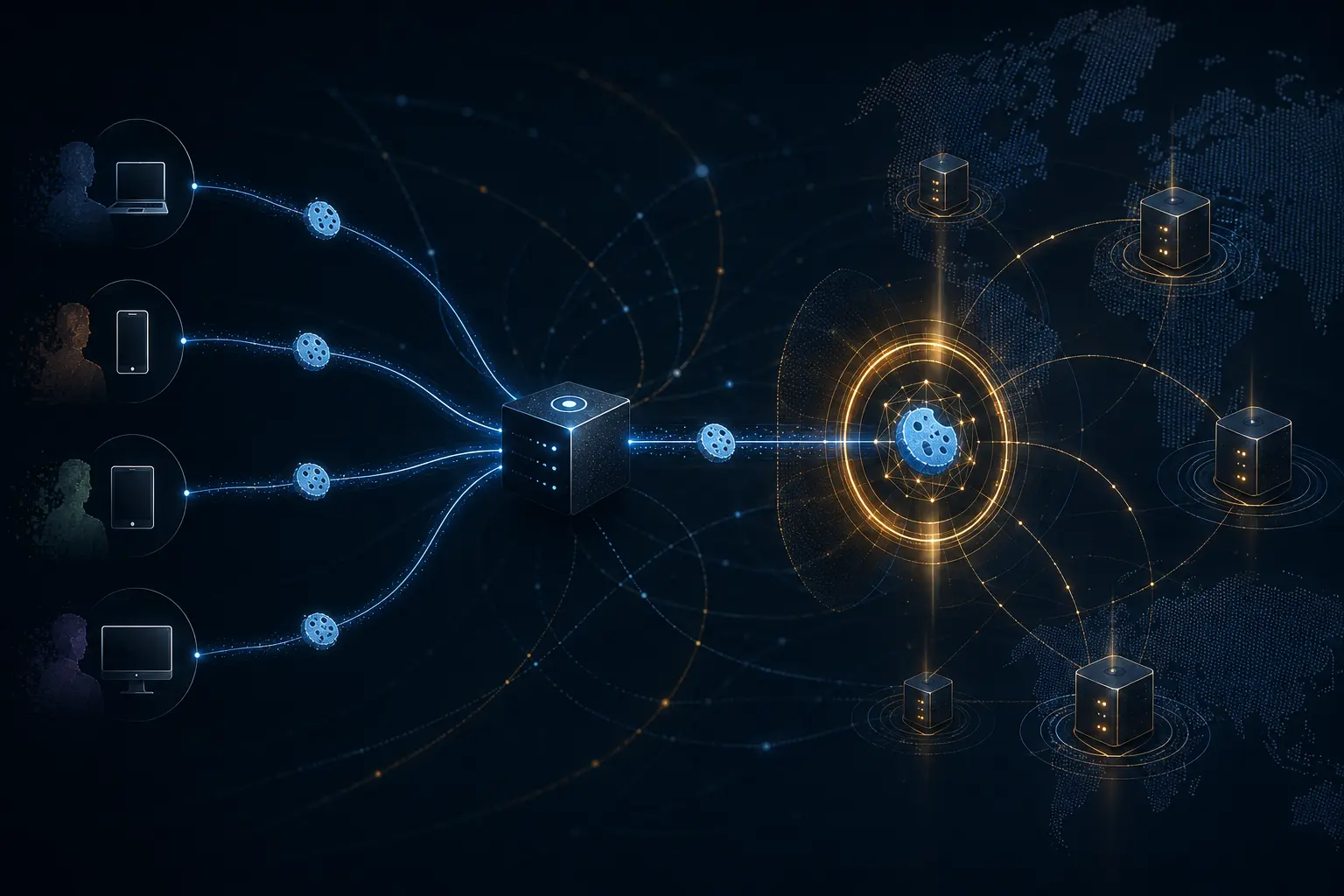 Several client devices share a recursive resolver while a DNS Cookie is validated across an anycast service without identifying a person.