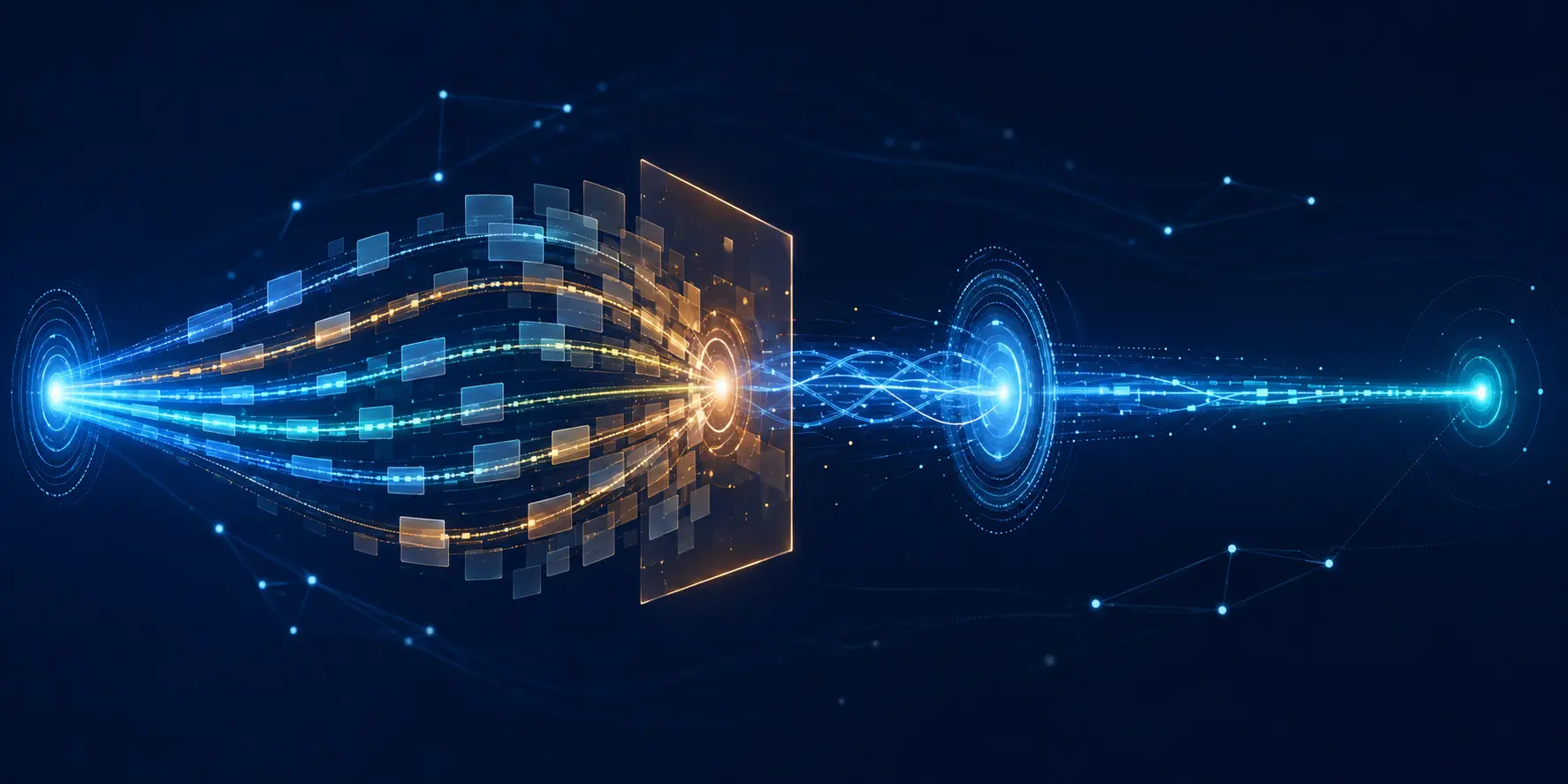 Several QUIC packet paths cross an open version-list junction before a separate authenticated handshake checkpoint selects one connection path.