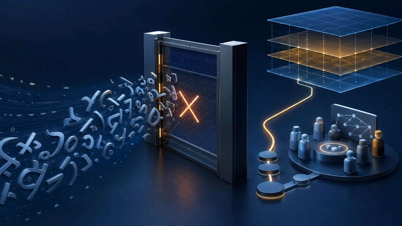 Abstract glyphs stop at a validation gate while a community path leads toward integration with root-zone rules.