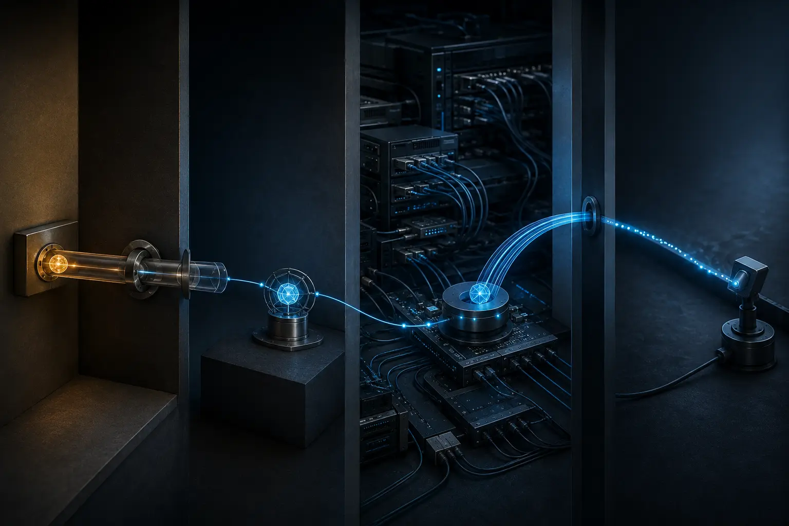 An amber service order crosses a bearer boundary into separate blue service and provider-network circuit nodes, then reaches a distinct traffic observation sensor.