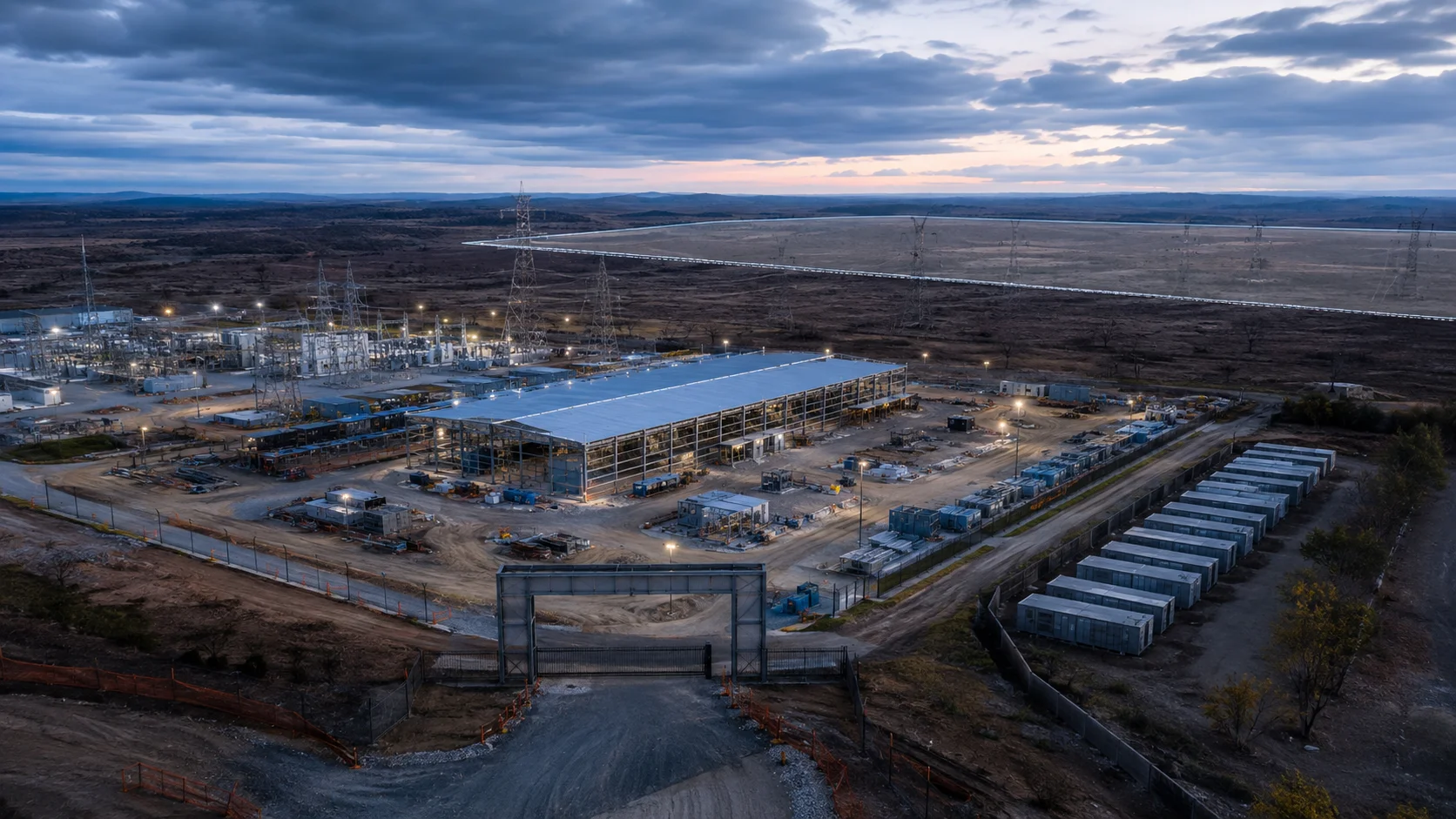An unbranded data-centre construction hall and substation are separate from an open tract and inactive modular mining containers at blue hour.