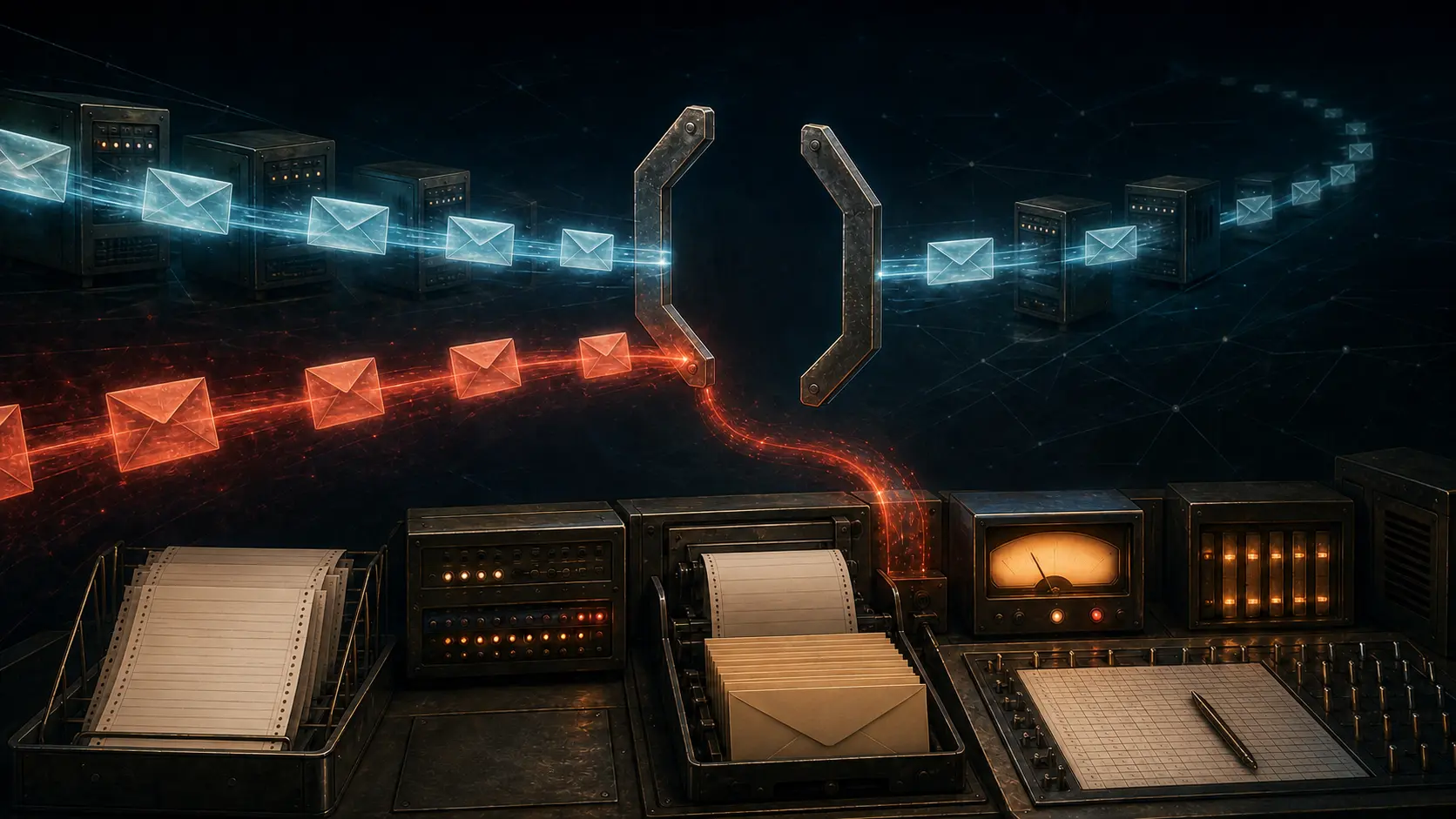 Cyan email envelopes cross relay machines while an amber chain of delivery-error envelopes stops at an empty pair of angle brackets and turns down into a local operations console