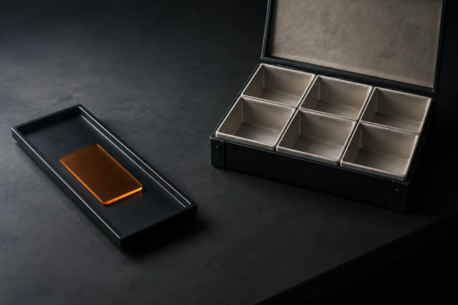 A separate amber alert card rests on a dark tray beside an open, mostly empty six-compartment evidence ledger.