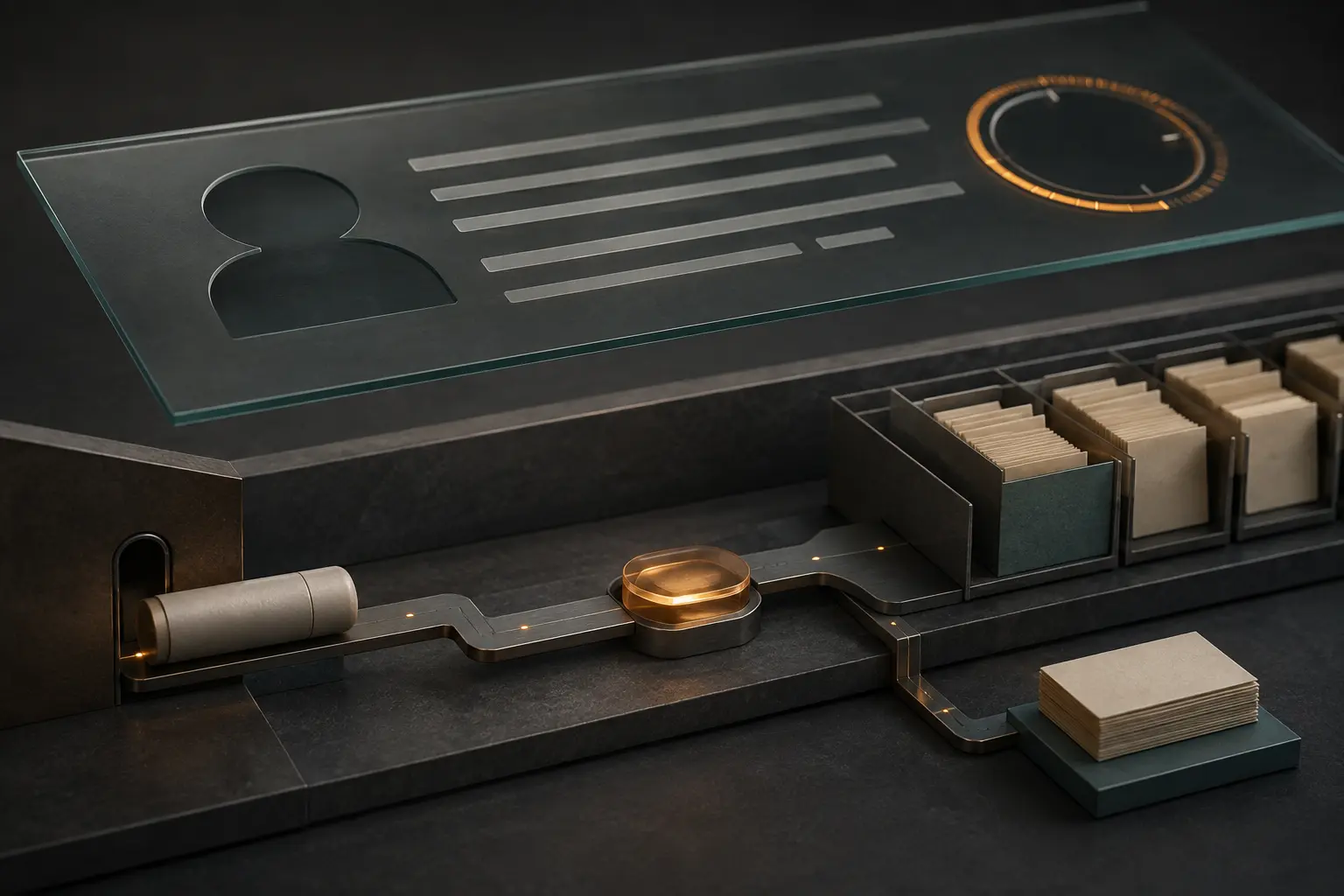 A translucent contact document with an amber time ring floats above a separate path carrying a sealed message through a receipt light into individual queue trays.