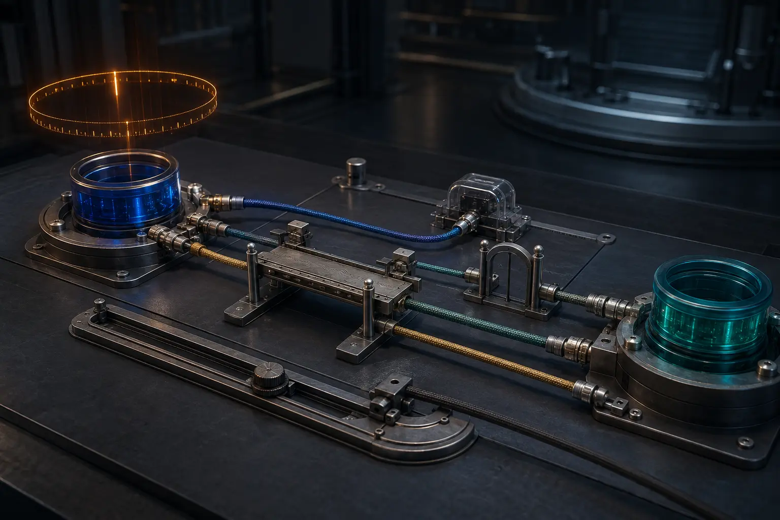 An illuminated blue service port beneath an amber time ring connects through separately gated signal paths and a rollback rail to a teal replacement port.