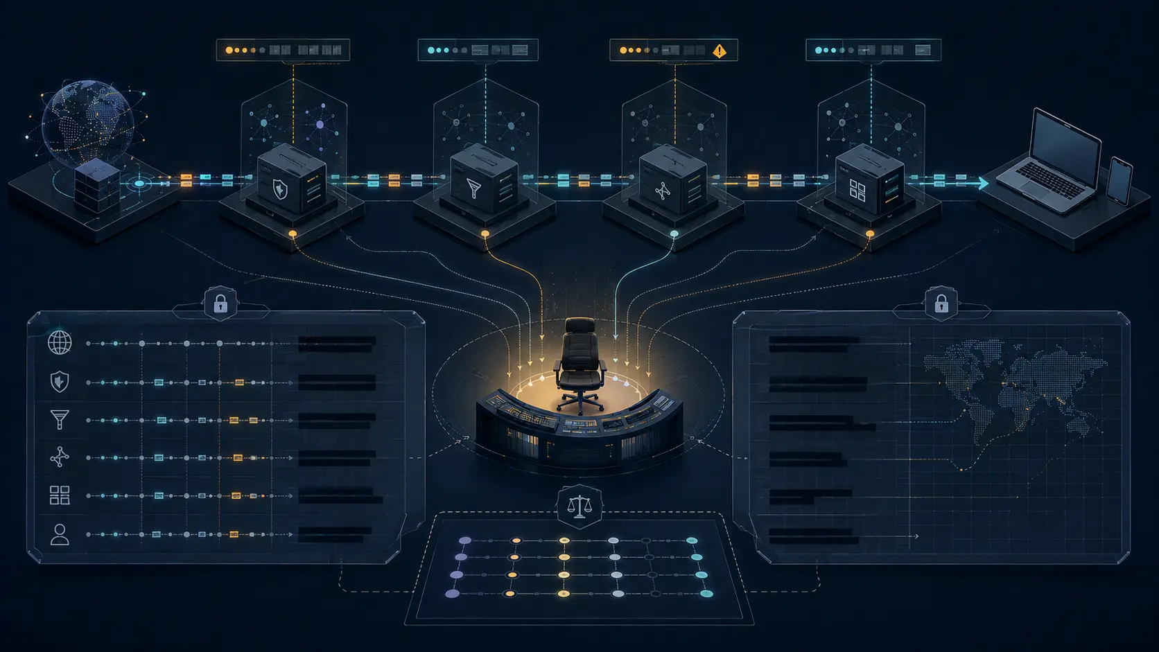 Four intermediary gateways pass status signals while handoff lines converge on an empty incident-command chair between redacted evidence panels.