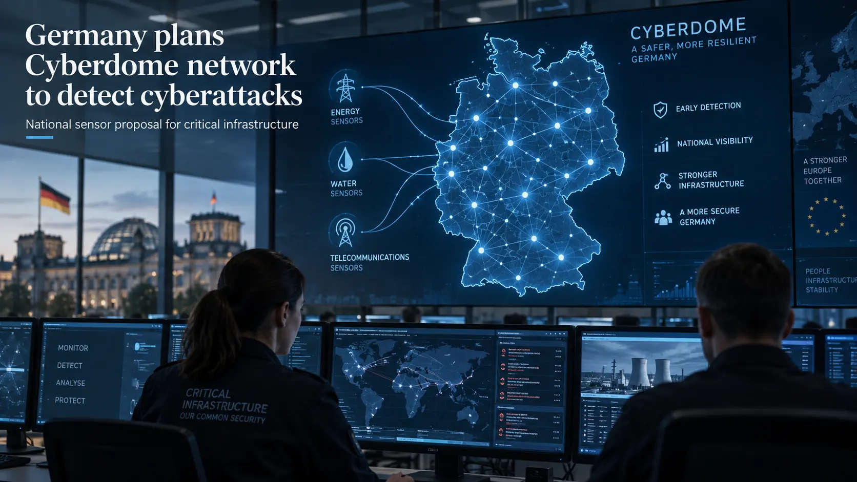 AI-generated editorial illustration of a German cybersecurity operations centre monitoring a proposed national Cyberdome sensor network