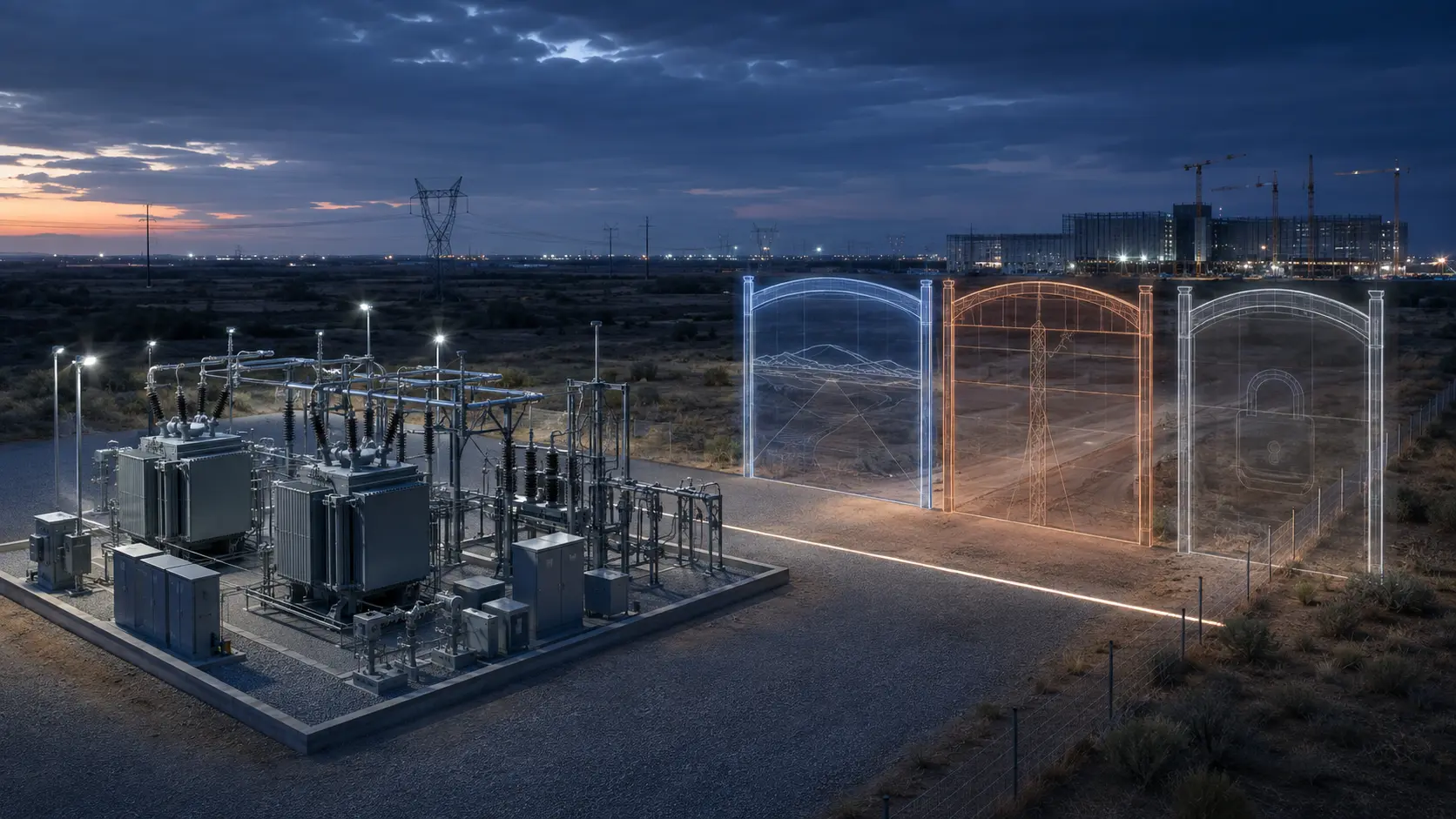 A detached high-voltage substation package sits beyond a bright transfer line, while three translucent gates separate the unfinished land and data-centre site.