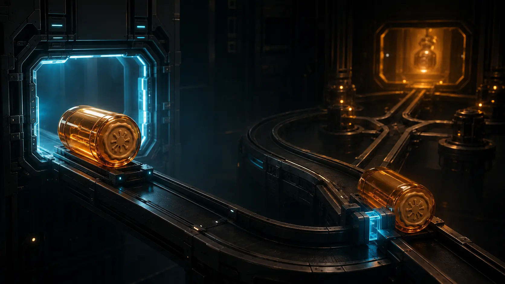 Two identical amber signed-event capsules follow one session track while a cyan state latch stops the returning copy before branching remediation machinery.