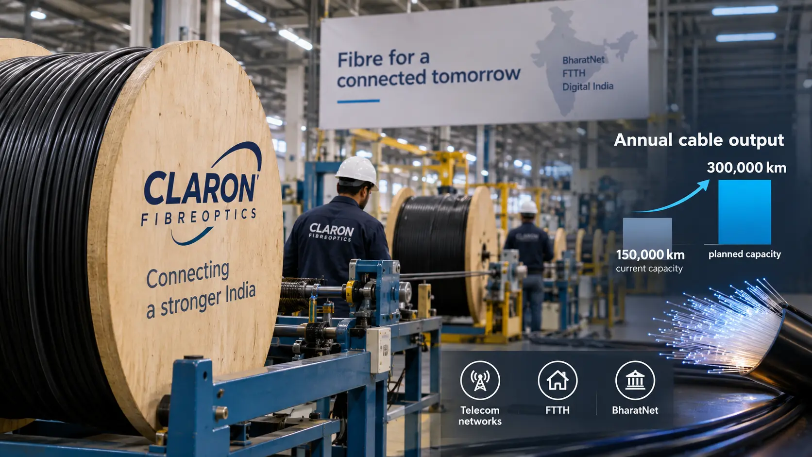 Editorial illustration of fibre-optic cable reels and workers inside a cable manufacturing facility