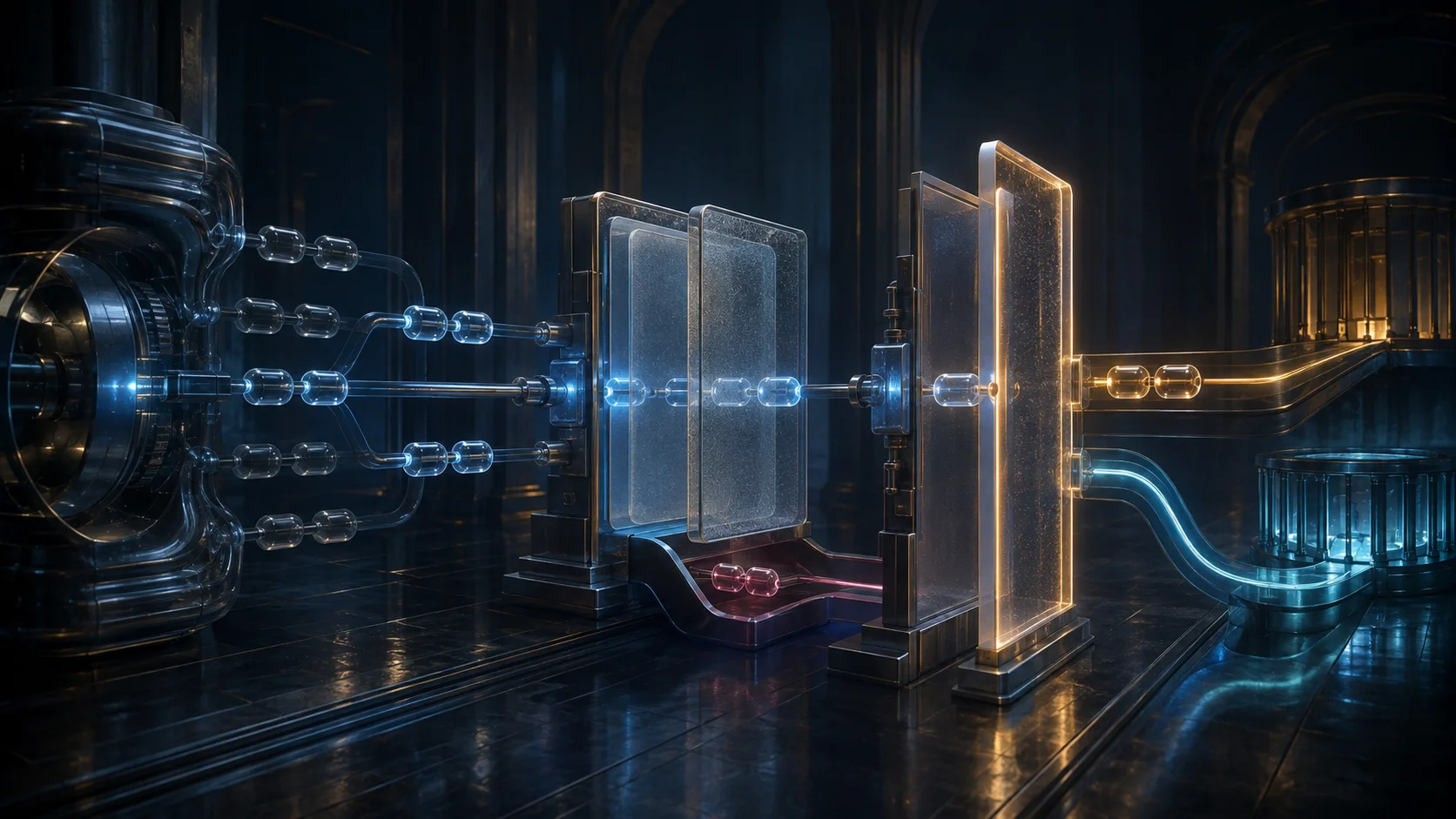 Paired glass evidence capsules pass from a resolver through layered registry and application gates, then stop at a consent threshold before exposed and protected retrieval paths.