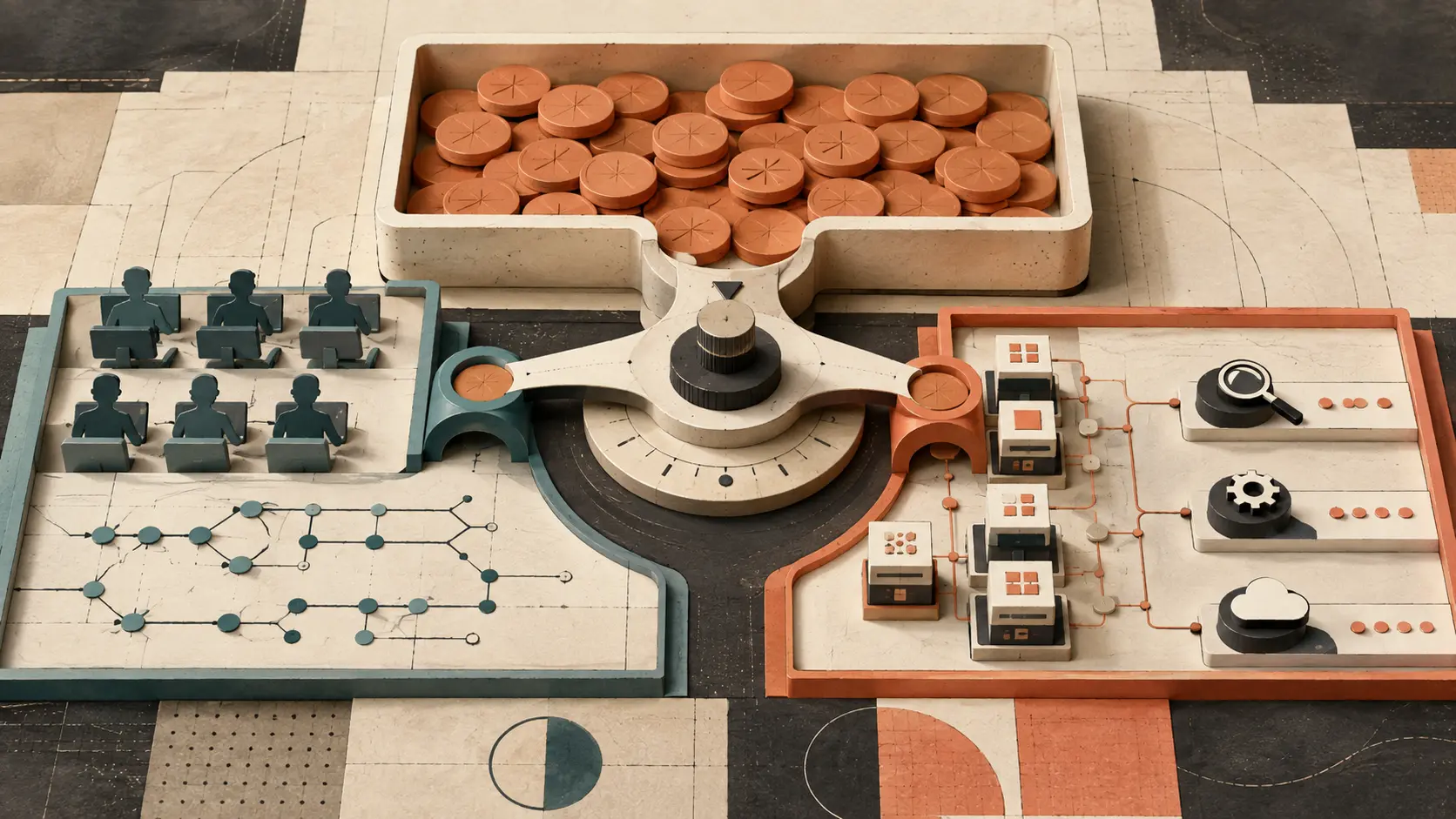 A common budget tray feeds a selector between developer seats and metered software-computing tasks.