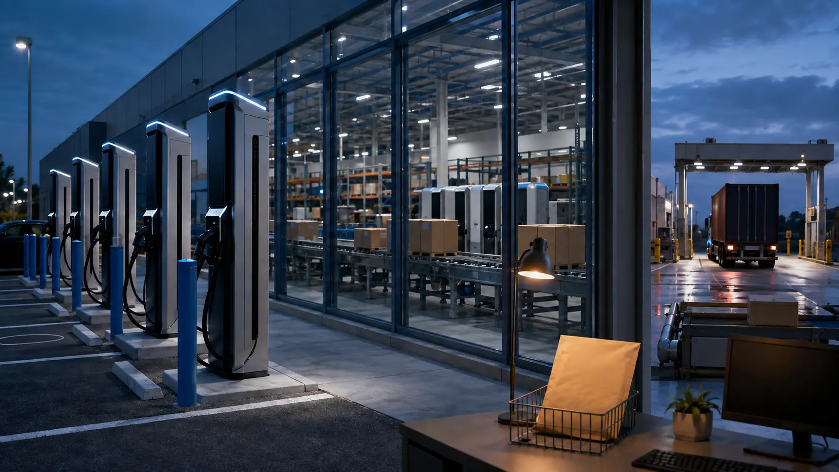 Unbranded EV chargers stand beside a warehouse linking imported hardware, inventory and a returned cost envelope.