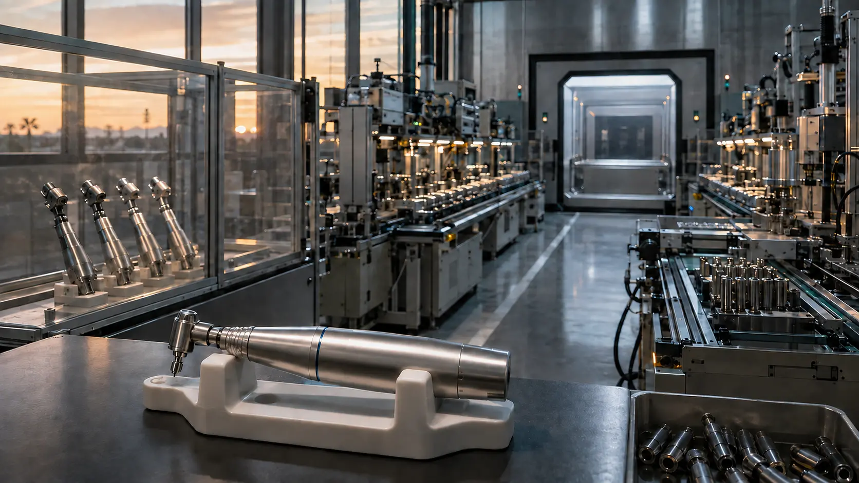 An unbranded orthopedic surgical handpiece stands before parallel precision-machining lines converging on a single distant customer gate.