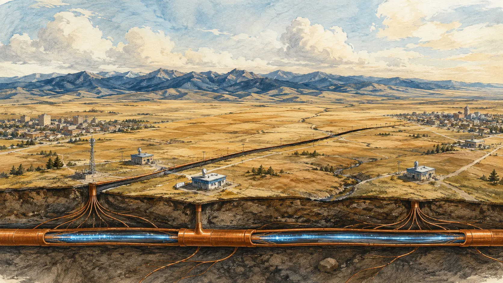 A conceptual Montana landscape links two towns and local network buildings through a cutaway fibre corridor.