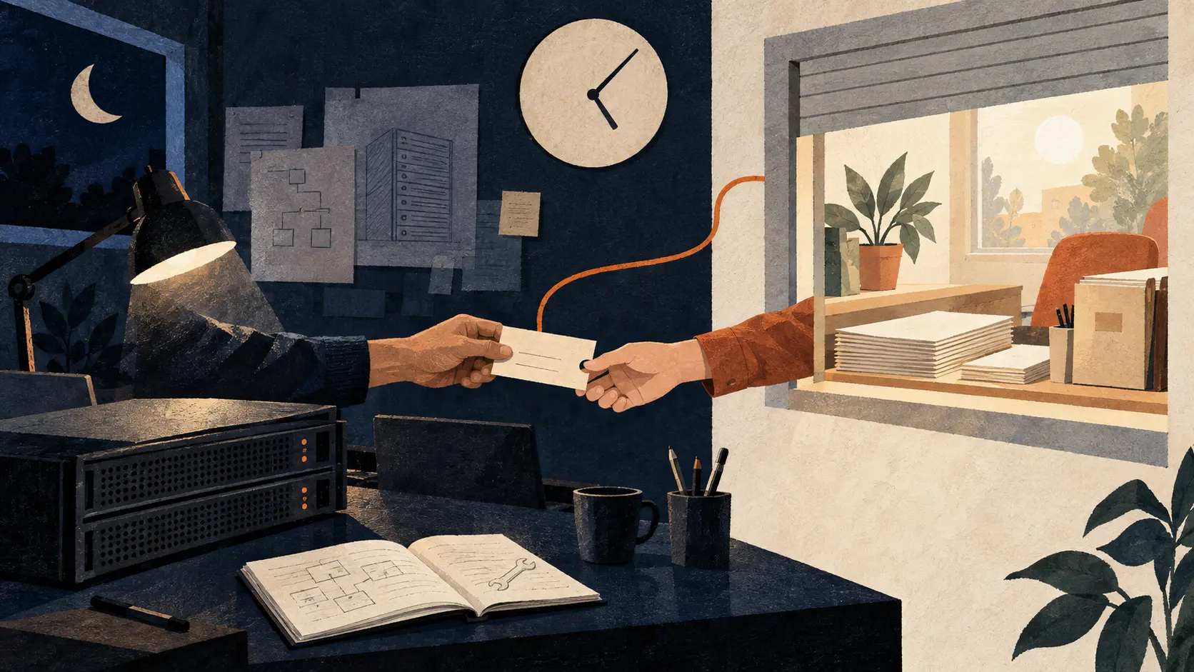 An anonymous ticket handoff links a night-time engineering desk and a separate daylight commercial window, illustrating two different service clocks.