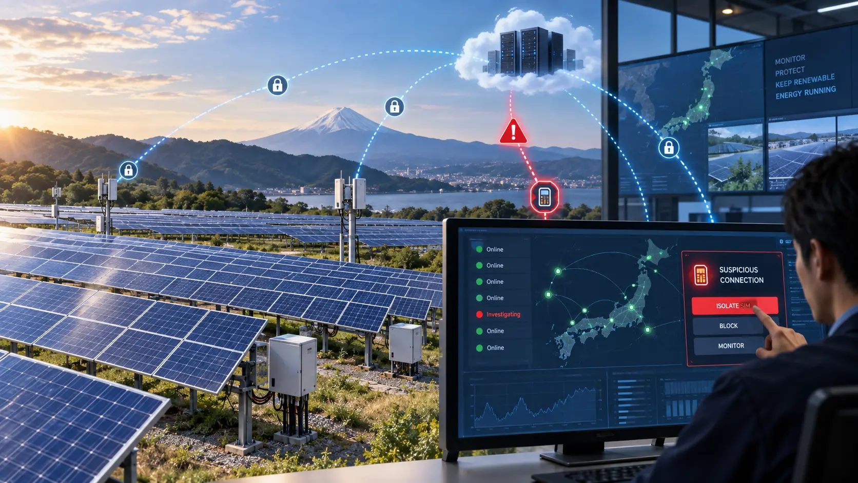 Editorial illustration of a solar plant monitoring centre detecting a suspicious connection and remotely isolating a SIM