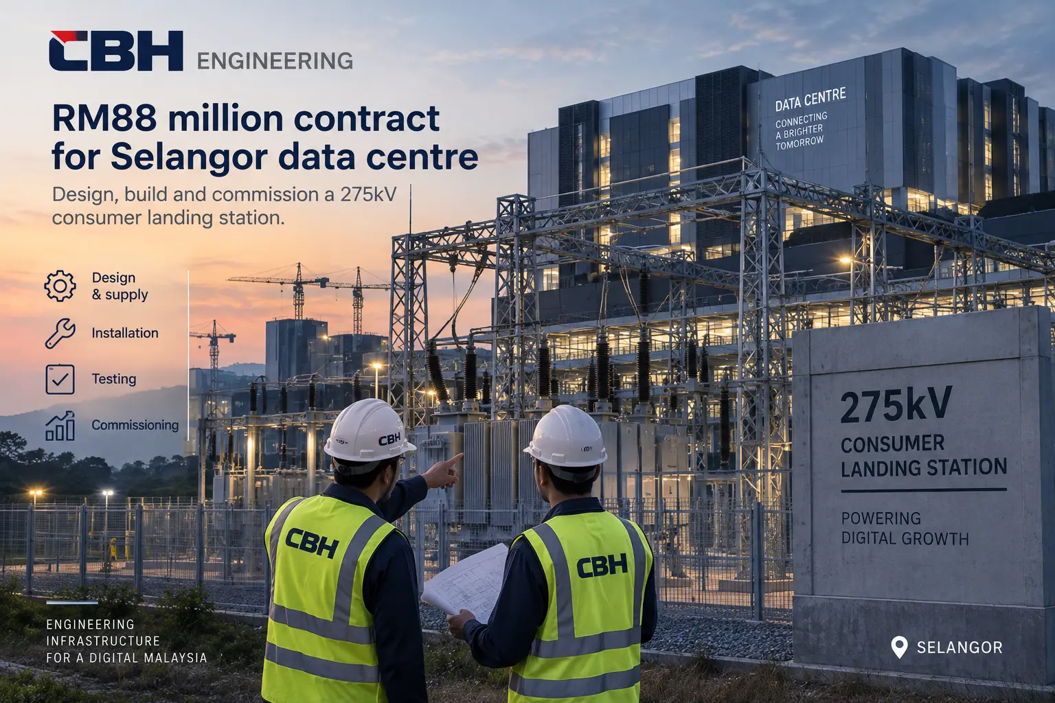 Editorial illustration of engineers beside a 275kV electrical station serving a data centre in Selangor, Malaysia