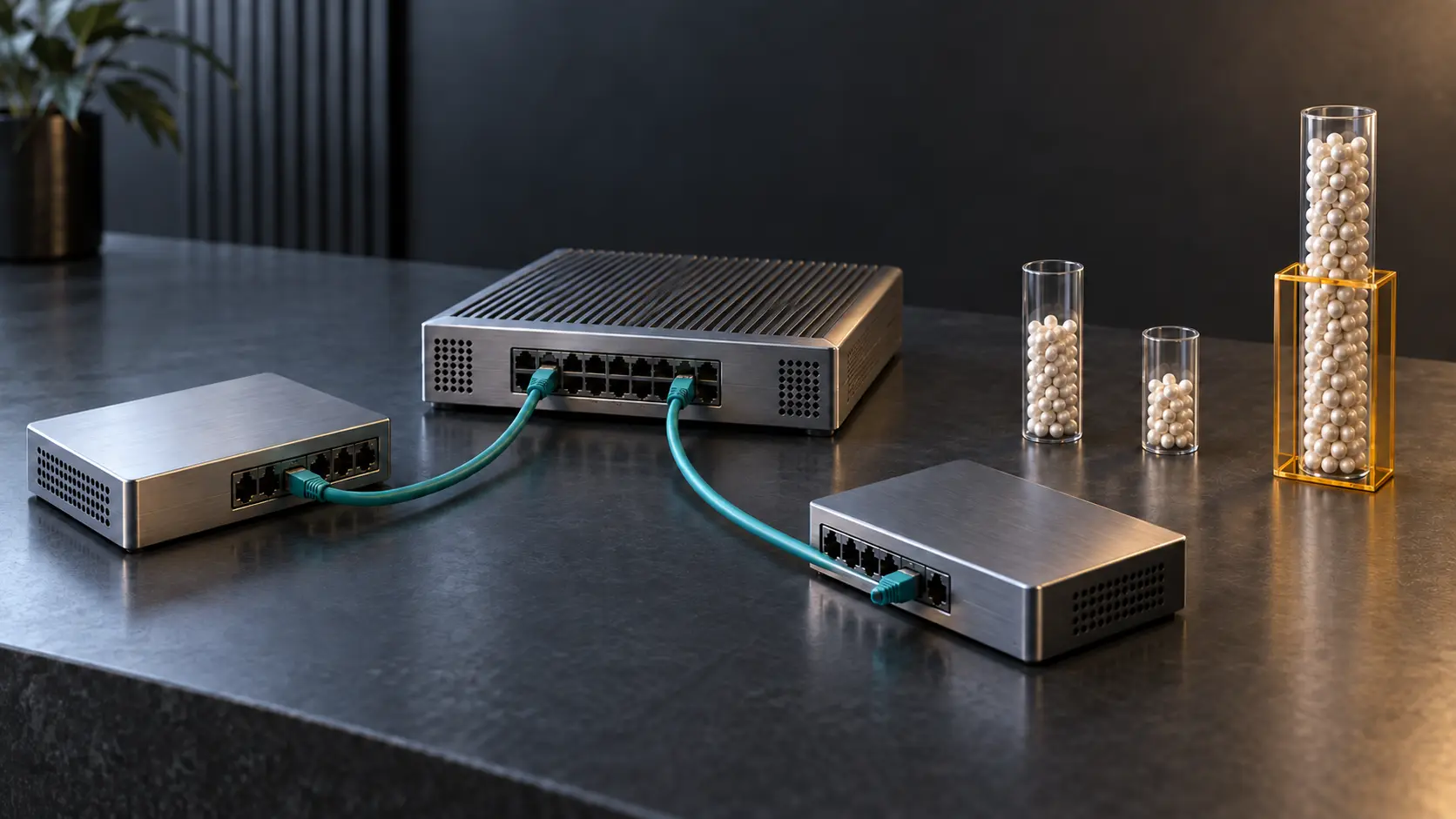 Three unbranded network chassis connected by teal cables beside bead-filled glass columns and a low amber frame around the tallest column.