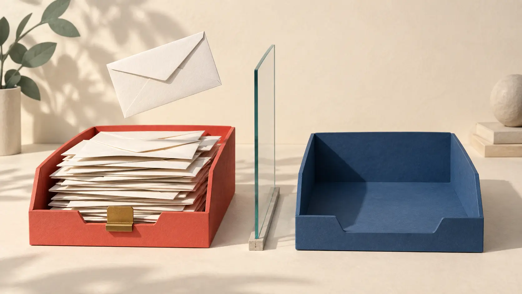 A full coral letter tray and an empty blue tray are separated by glass, with one envelope waiting above the full tray.
