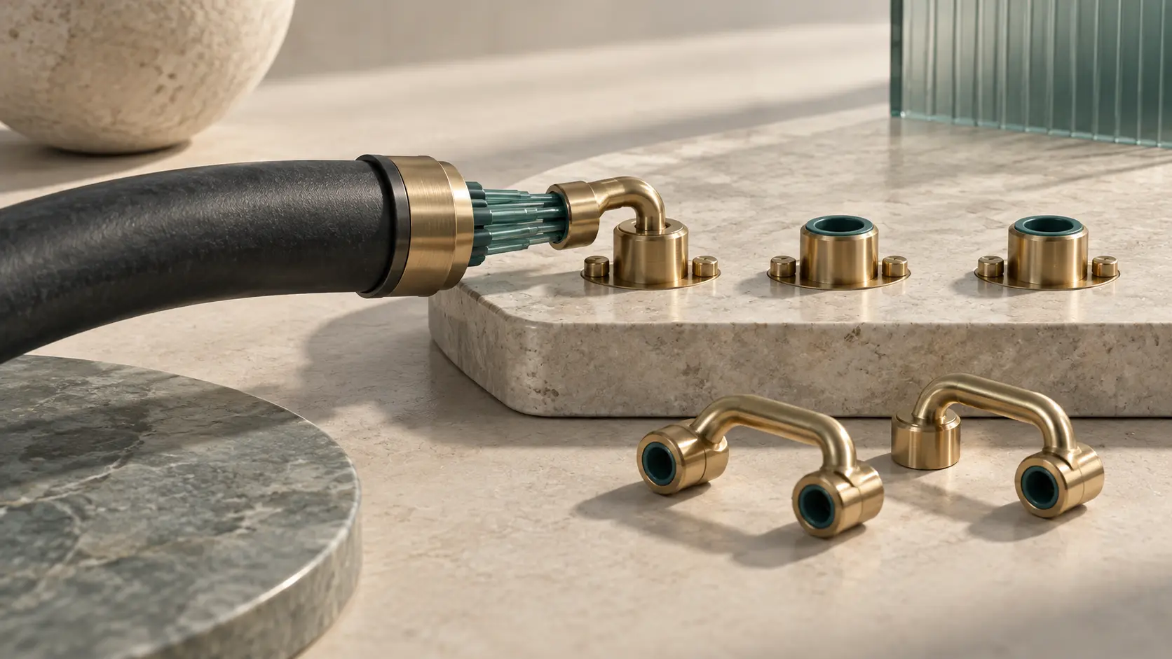 A dark conduit reaches one brass socket on a stone tray while separate bridge pieces and other sockets remain unconnected.
