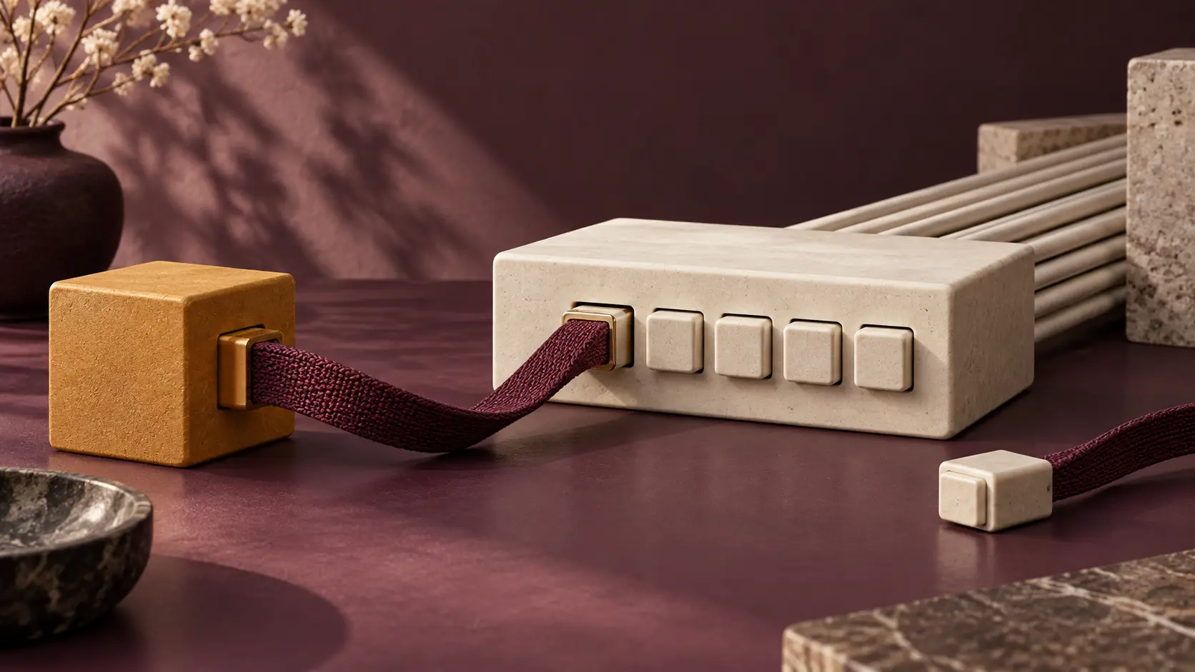 An ochre external control block connects by a burgundy woven ribbon to one socket of an ivory network module with other sockets capped.