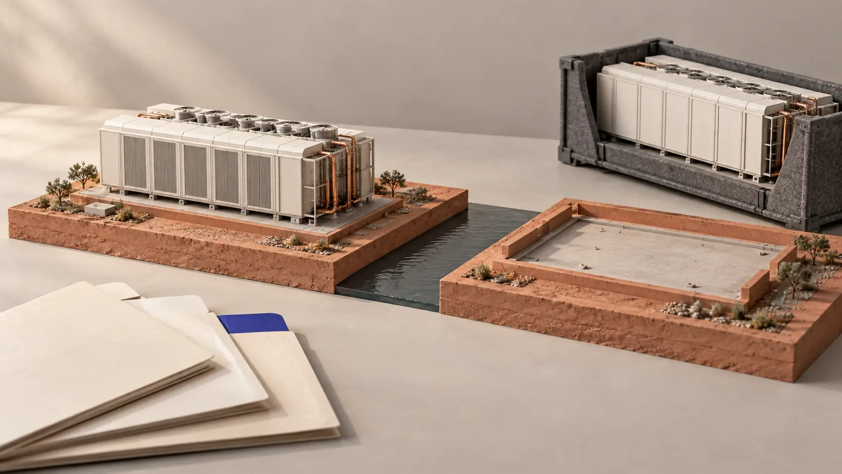 An ivory modular factory on a terracotta base faces an empty site foundation and a matching module in a protective cradle, with blank customer folders in front.