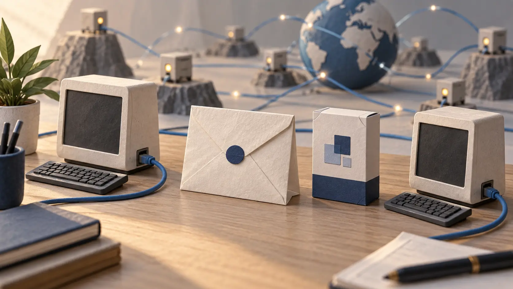 An envelope and a separate software box sit between two connected miniature computers, with measurement nodes behind them.