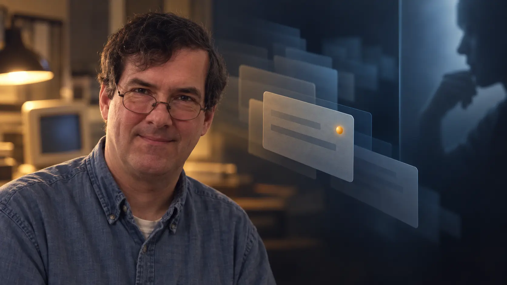 AI editorial portrait of Mark Crispin beside an amber mailbox-state indicator separated from a human-observation plane