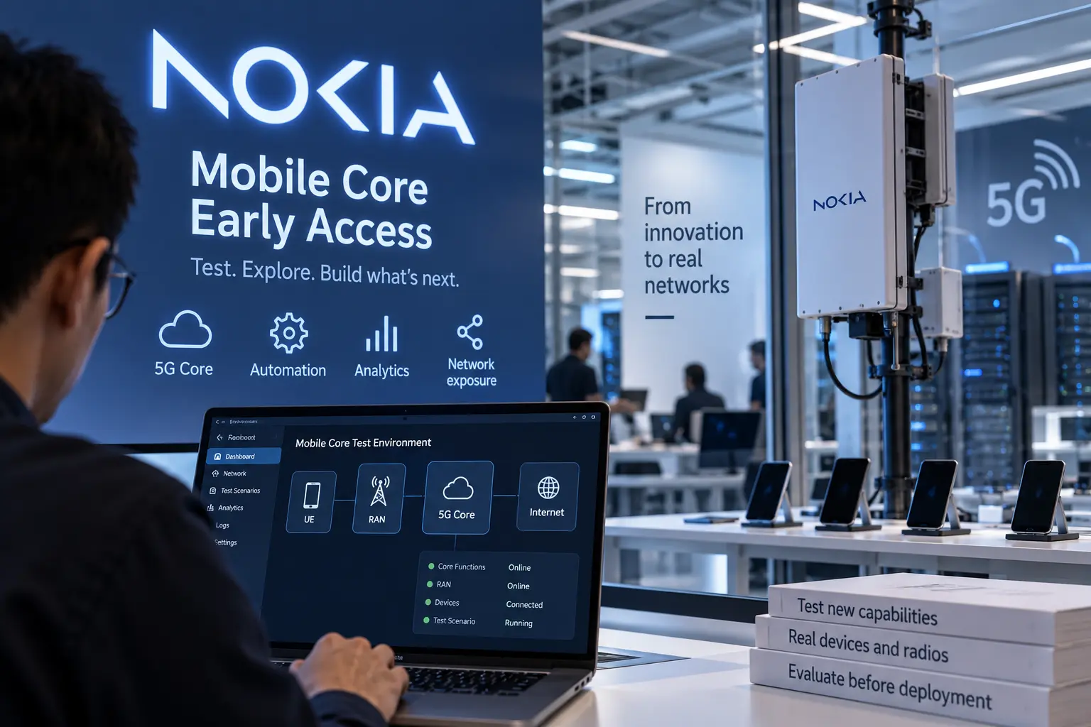 Editorial illustration of Nokia's Mobile Core Early Access environment with 5G Core software, radios, devices and network testing equipment