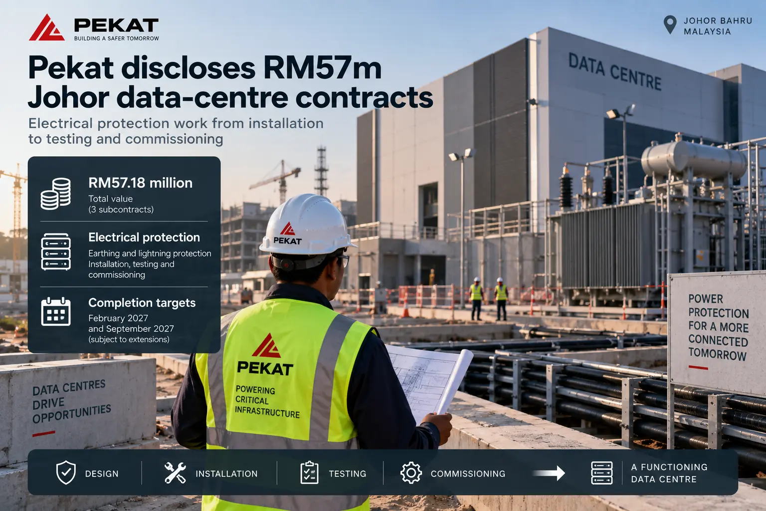 Editorial illustration of Pekat electrical-protection work at a Johor data-centre construction site, covering installation, testing and commissioning