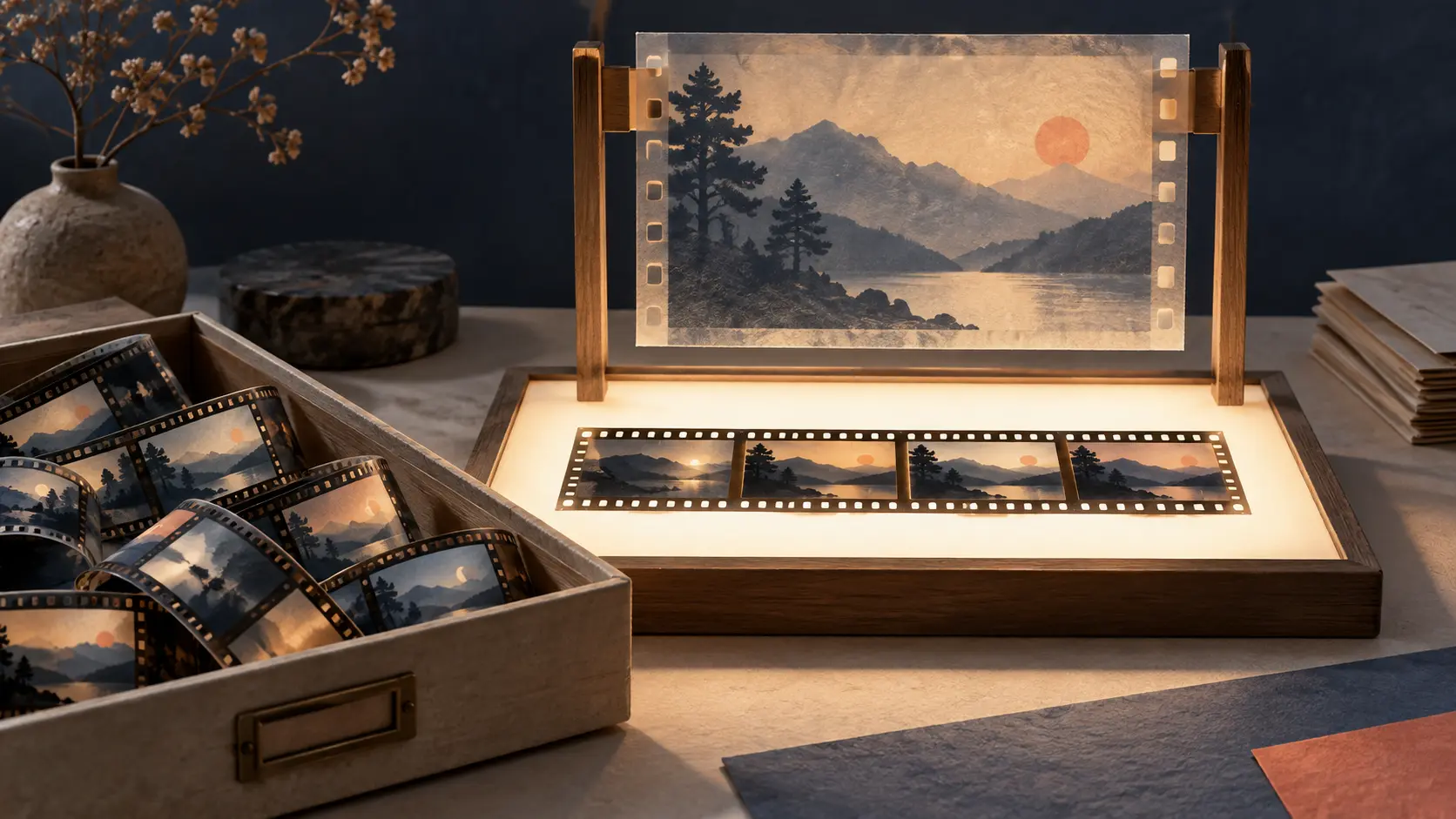 A selected film strip rests on an illuminated archive table beneath a separate enlarged landscape frame, with other strips retained in a drawer.