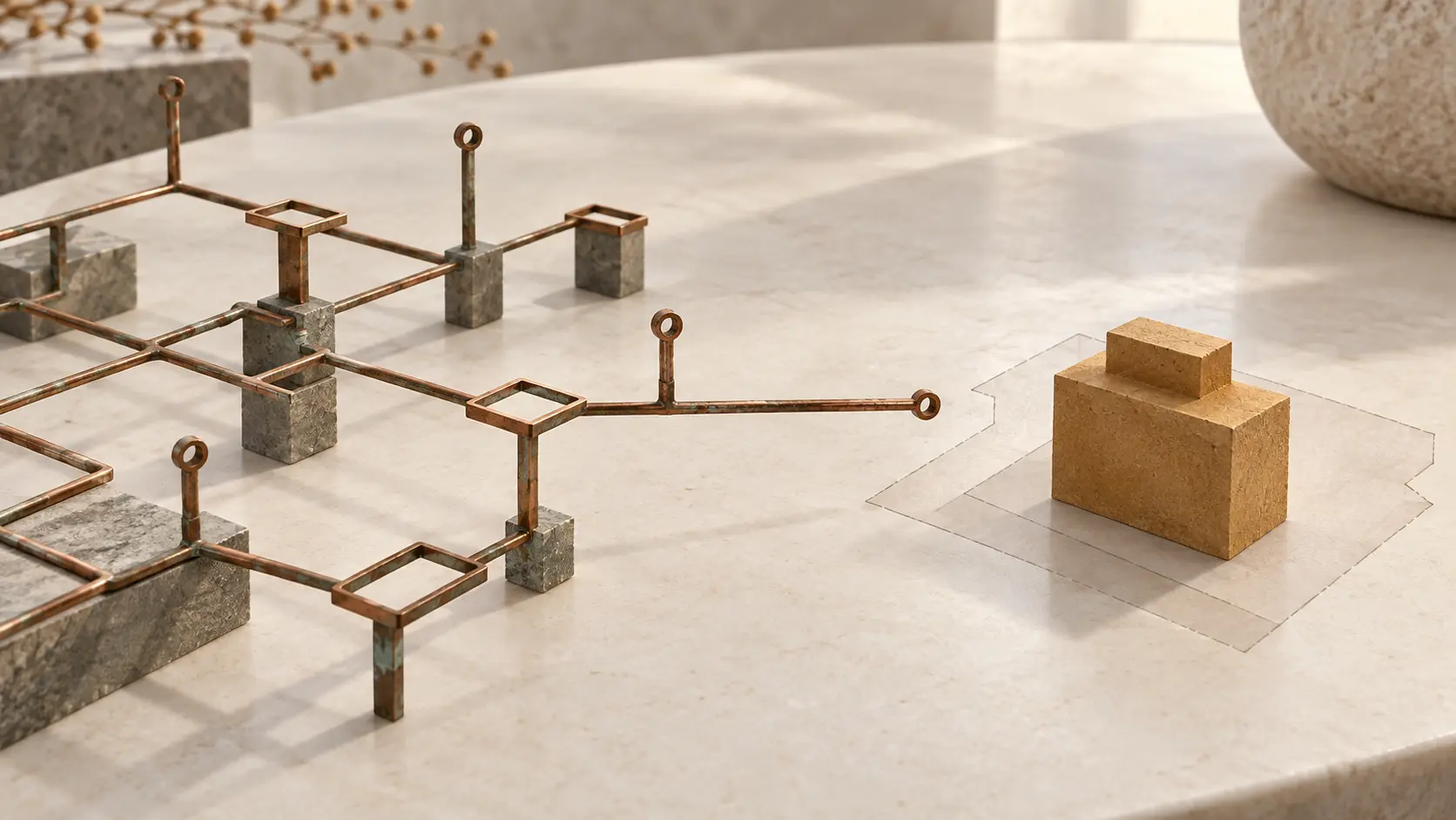An open copper framework on stone supports ends before a separate ochre building model on a translucent footprint.