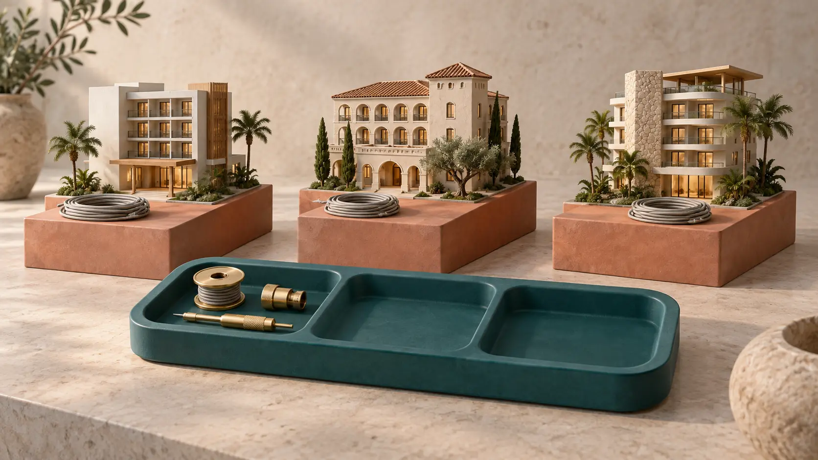 Three fictional hotel models on separate terracotta bases with coiled cords face a teal tray holding a small brass service toolkit.