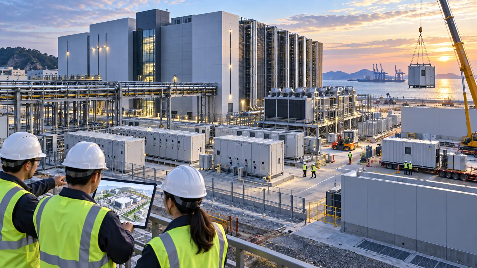 Editorial illustration of engineers reviewing modular power and cooling infrastructure at a planned AI data centre in Gunsan, South Korea