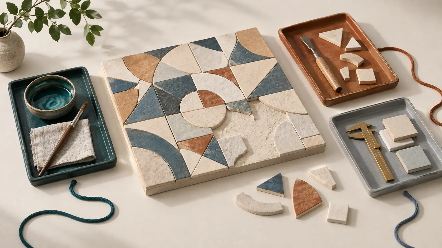 Three separate specialist tool trays surround an unfinished geometric ceramic mosaic on an ivory work surface.
