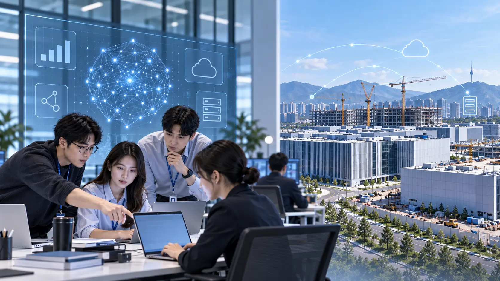Editorial illustration of AI engineers working on a customer deployment alongside future data-centre infrastructure in South Korea