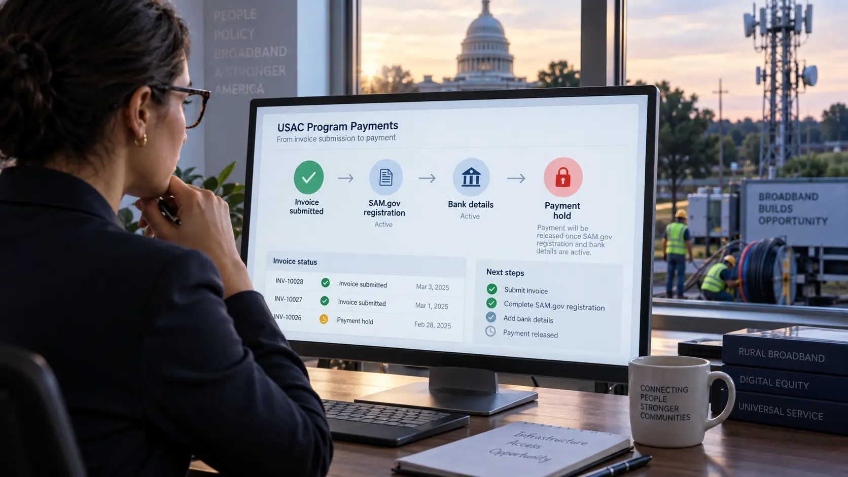 Editorial illustration of a finance worker reviewing USAC payment status, SAM.gov registration and a payment hold on a computer screen