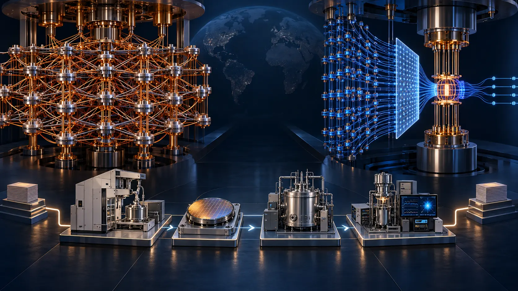 Two distinct quantum systems flank an industrial path from fabrication tools to calibration and benchmarking.