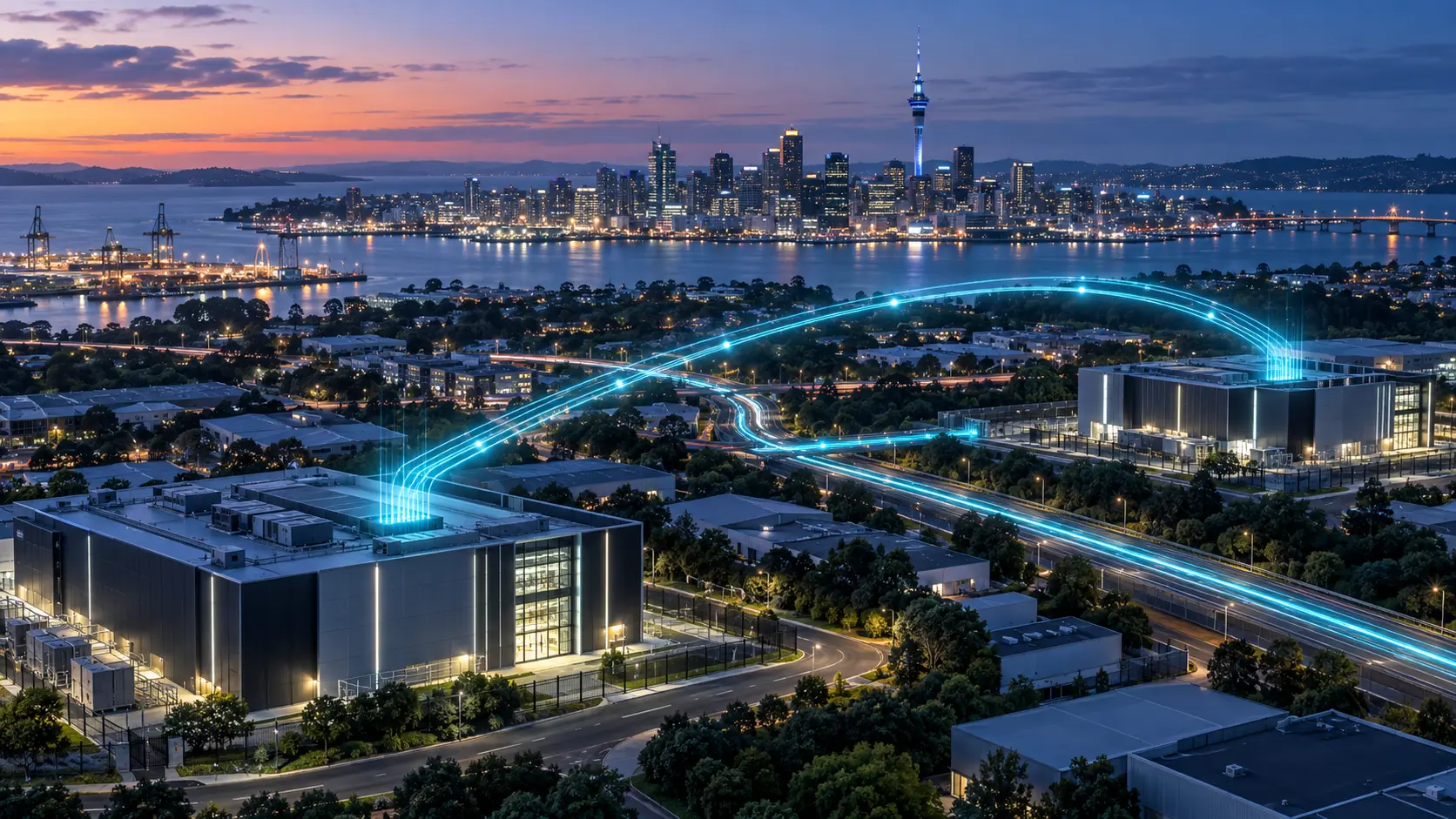 Editorial illustration of two Auckland data centres connected by high-capacity optical network links