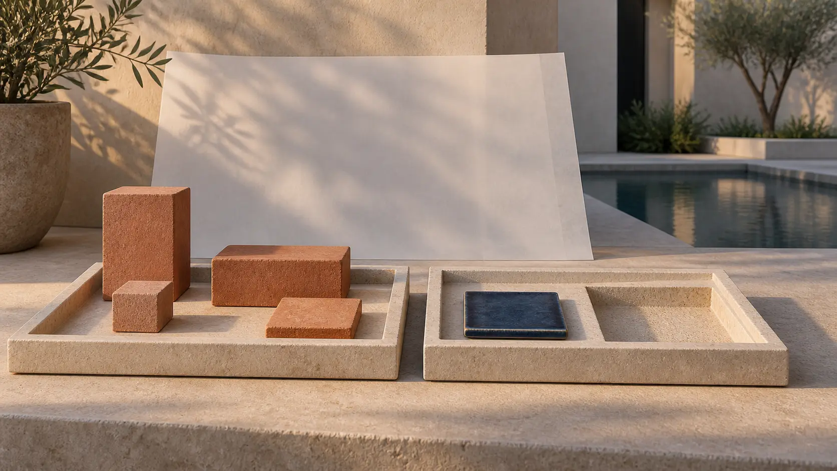 Two separate limestone trays hold terracotta forms and a blue ceramic tile beside an empty recess, with a blank translucent sheet behind them.