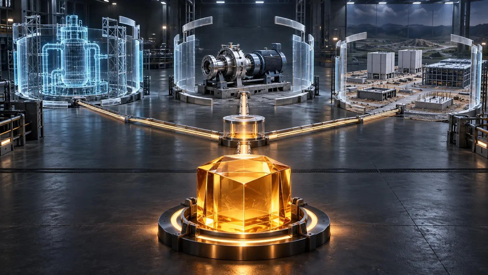 A finished amber valuation prism stands before three separate unfinished gates for a reactor digital twin, a pump test cradle and a proposed energy campus.