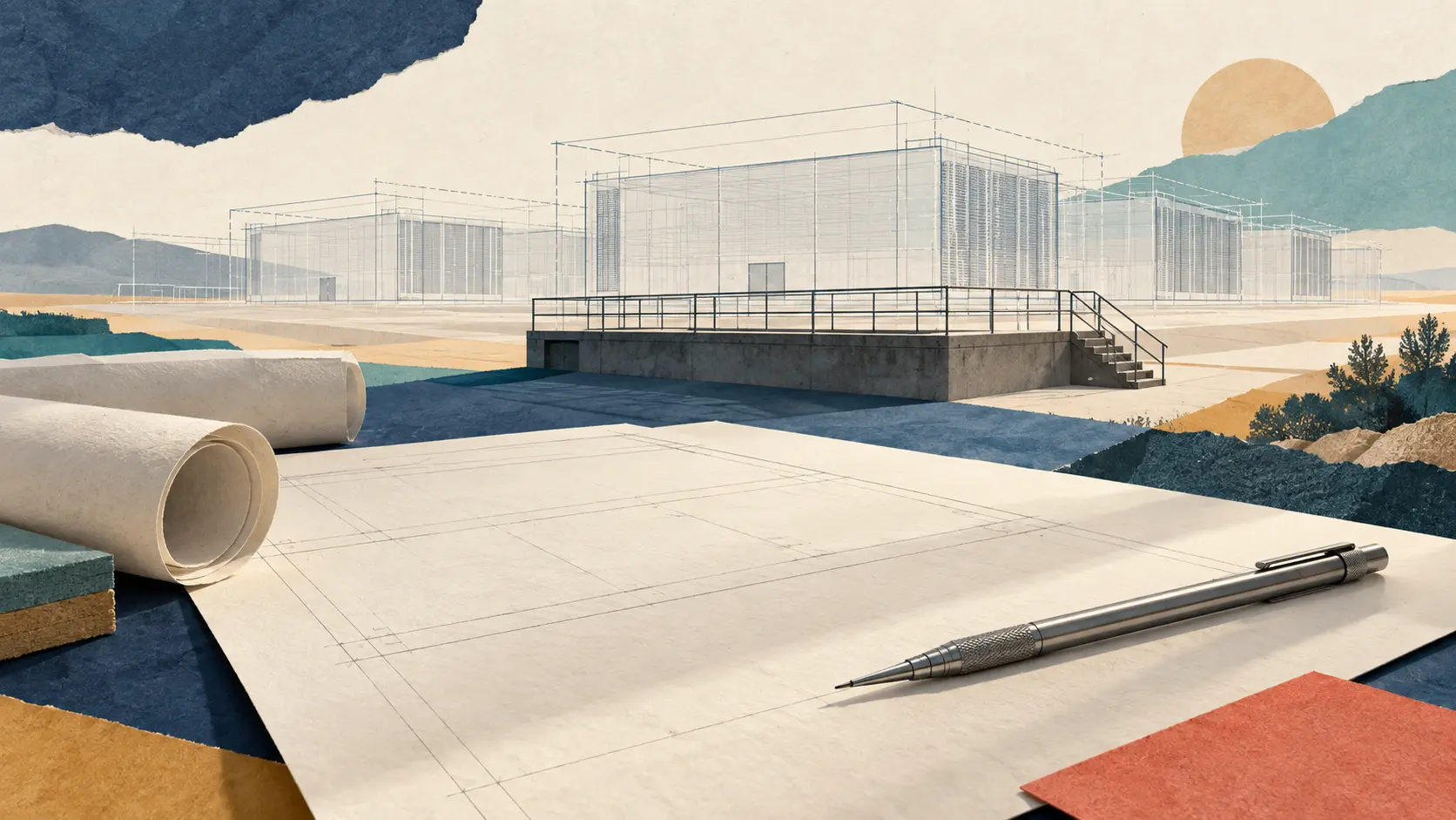 A drafting pencil and rolled engineering plan face an inspection platform and transparent outlines of unfinished data-centre halls.