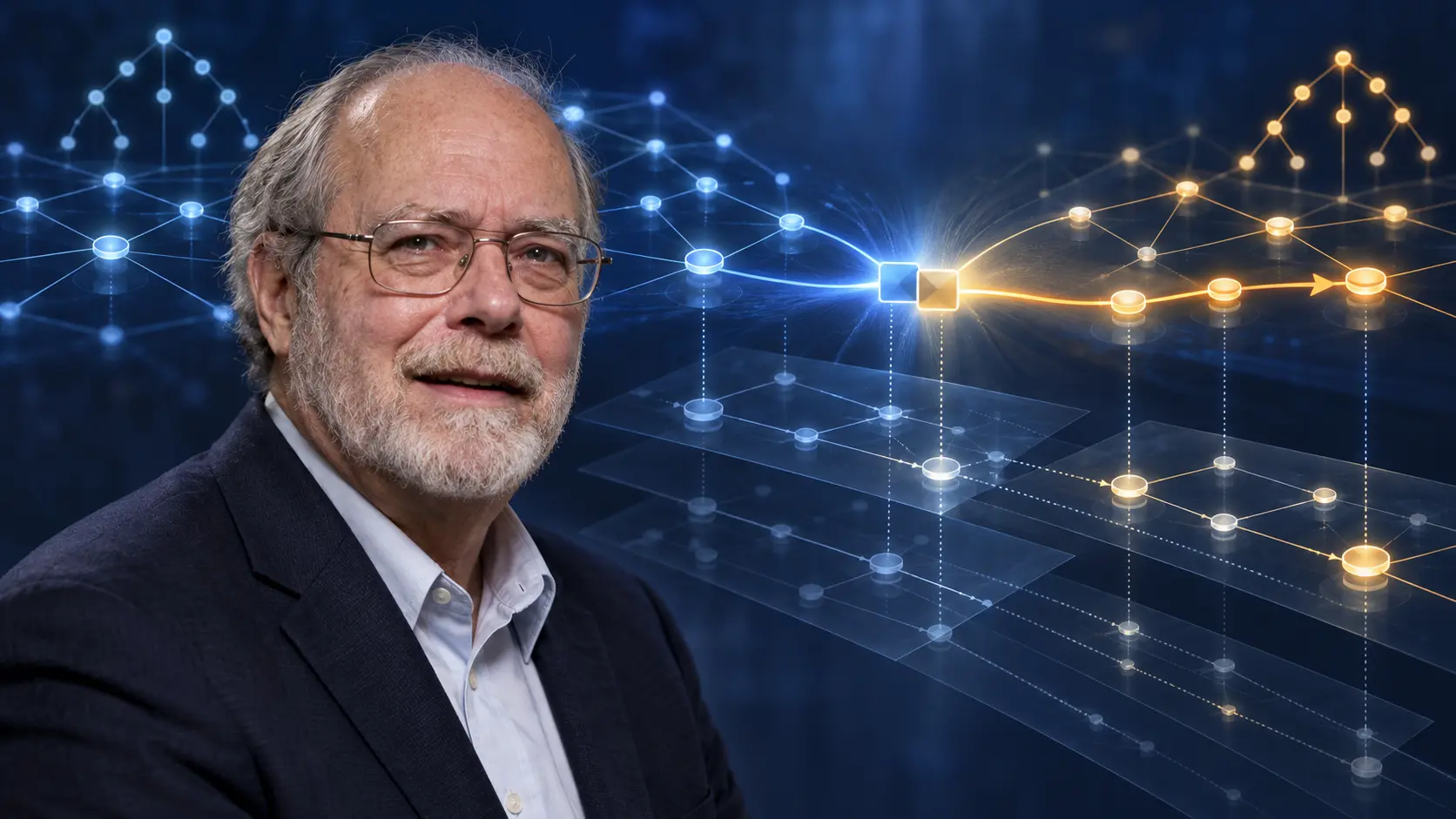 AI editorial portrait of Donald E. Eastlake 3rd beside two merging network fields where a compact routing token changes path