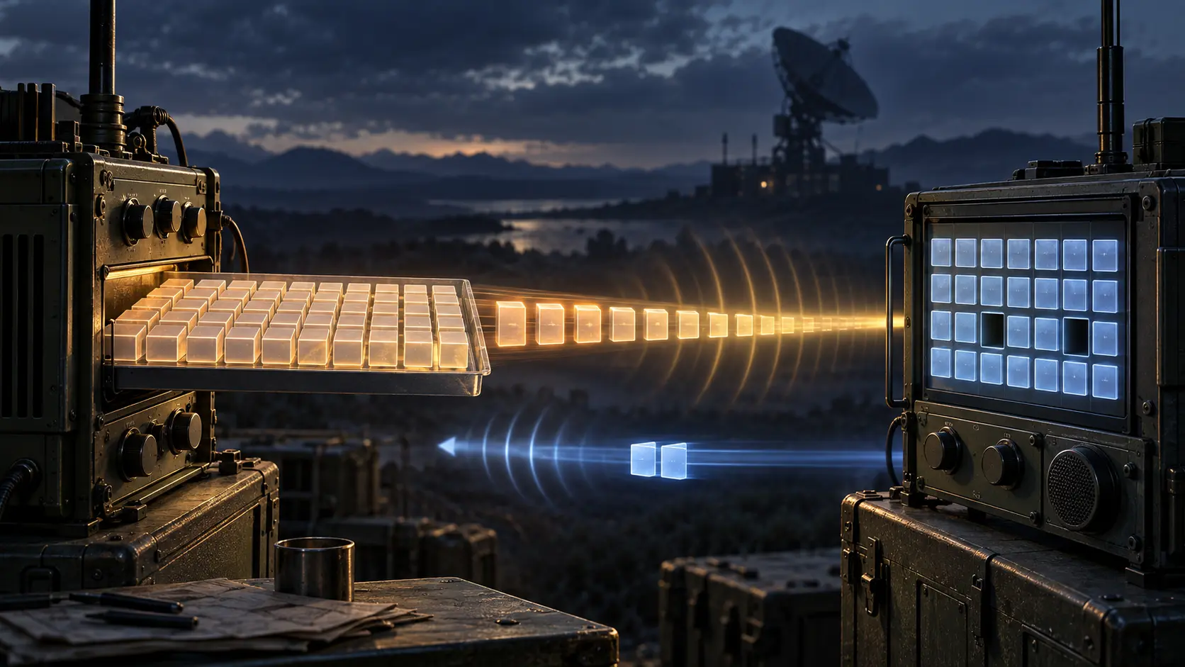 A long amber burst of packet tiles crosses between two half-duplex radio terminals while a short blue return carries two missing tiles back toward the sender.