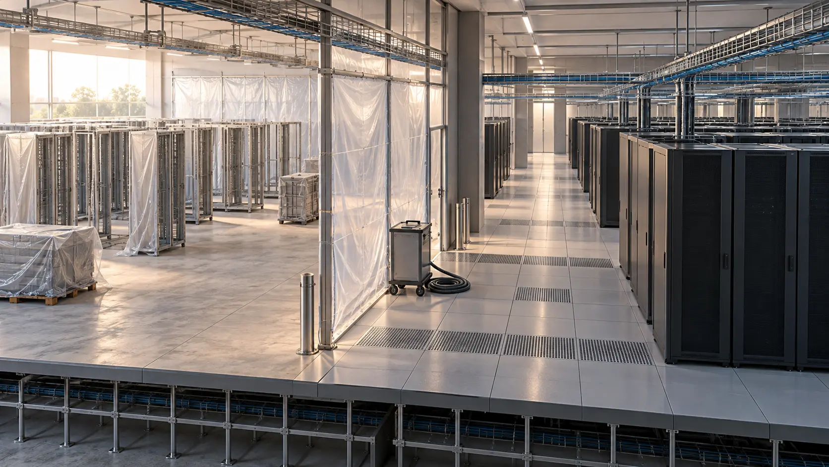 A data-centre cutaway joins a protected unfinished equipment area to closed server cabinets through a partitioned access space with a maintenance cart